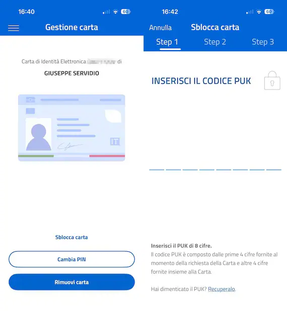 Screenshots from the Italian CIE (Carta d’Identità Elettronica) app showing the card management screen and a PUK code entry screen with a three-step unlock process requiring the PUK number. An explanatory note within the image describes how the PUK number is composed and obtained.