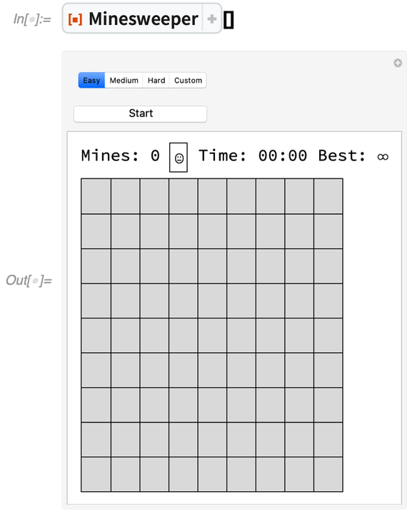 A small grid of gray squares with metrics at the top, showing the output of a Minesweeper game