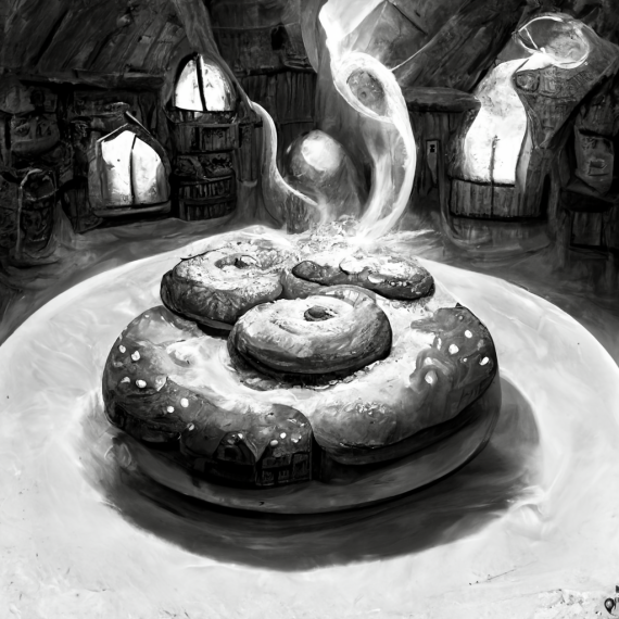 Magic bagel. Infested with mushrooms emitting smoke. Frosted.