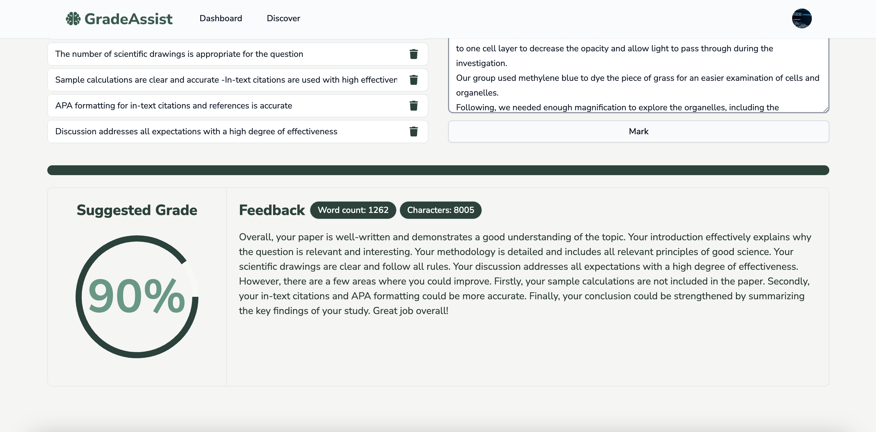 An example of feedback provided by GradeAssist on a Lab Report assignment