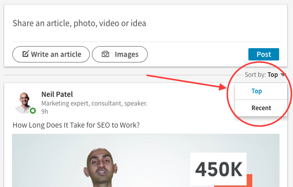 Screenshot of how to switch your LinkedIn feed settings to 