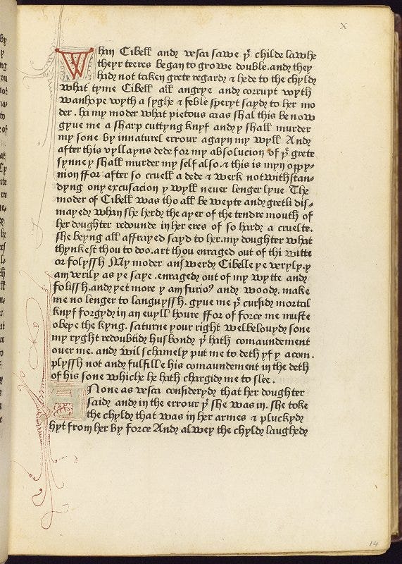 Page of text written in English with an illuminated initial ‘W’ at the top of the page and an illuminated initial ‘A’ towards the bottom of the page.