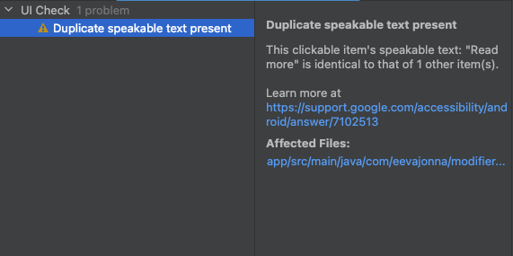 UI Check warnings from Android Studio. There is a warning ‘Duplicate speakable text present’, and it’s selected. On the right side, there are more details about the problem this warning highlights.