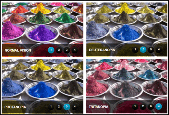 Colorful spice, as seen by people with normal vision, or different color perception deficiencies.