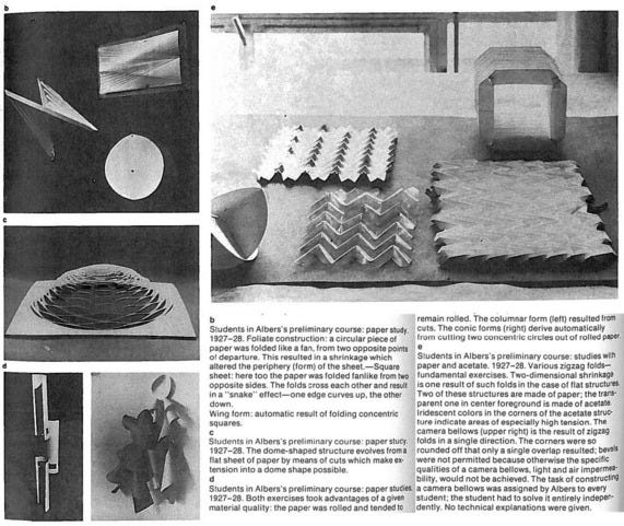 A book page featuring an origami hyperbolic paraboloid, reflection tessellations and other student creations from Albers’ Bauhaus course. From the book ’Bauhaus: Weimar, Dessau, Berlin, Chicago’ by Hans M. Wingler.