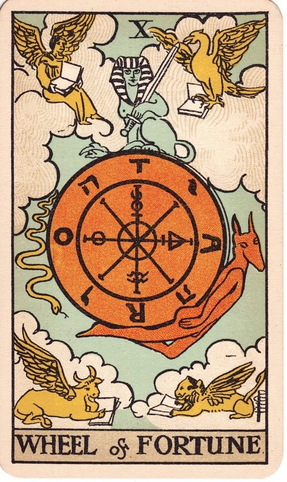 The Wheel of Fortune card from a Smith-Waite Tarot deck.