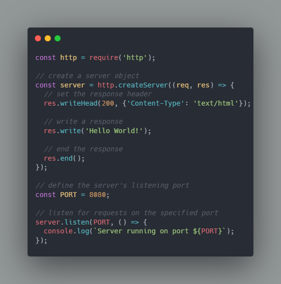 A picture of a code showing how to start listening for request on Node.js