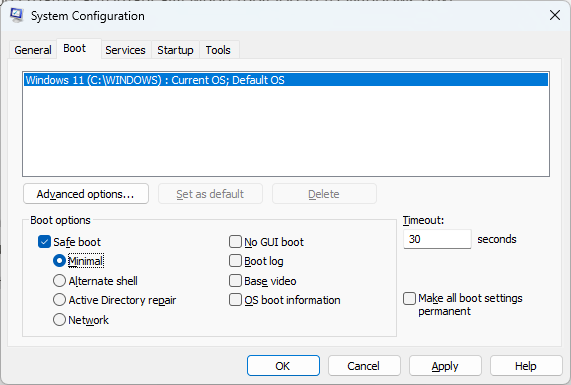 Screenshot of the System Configuration panel in Windows showing what to click to enable booting to Safe mode.