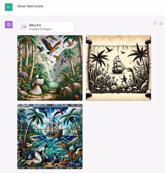 Excerpt from ChatGPT convo. Great. Next scene. ChatGPT responds with images of the Egyptian sailor on an island full of colourful wildlife and lush plants