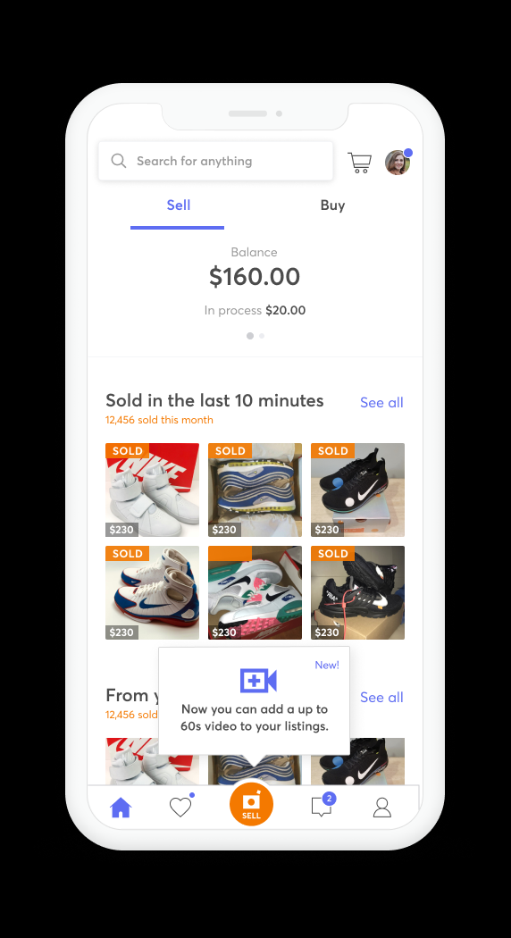 The Mercari app home screen with the addition of a new tooltip informing users that they can now capture video when listing.