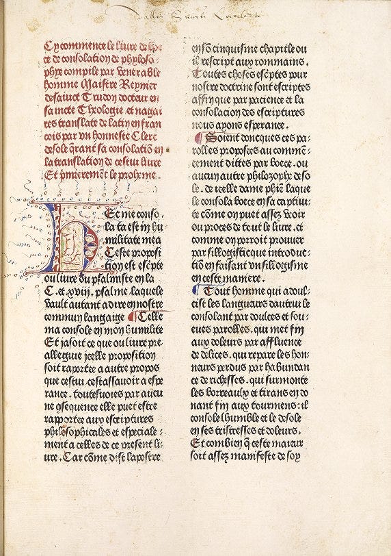 A page of text in two columns in which the first few lines are rubricated and the first column contains an illuminated initial.