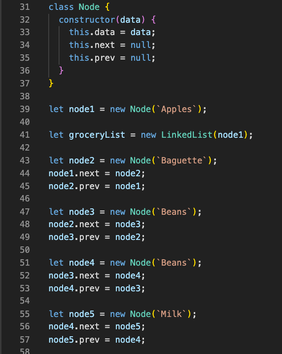 Code showing doubly linked list implmentatino.