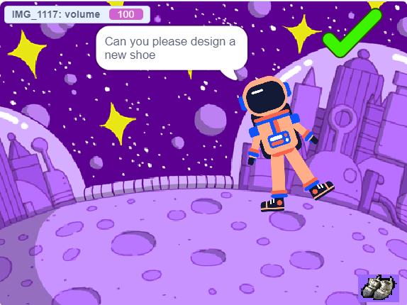 An astronaut in space asking the player to design a shoe for them
