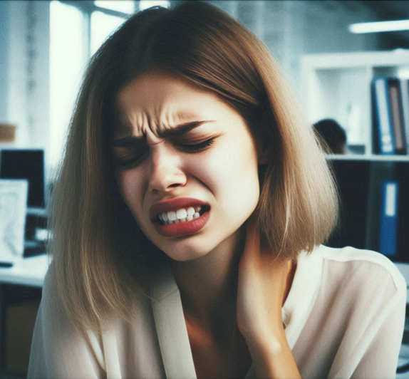 Vrouw met halflang donkerblond haar in kantoor heeft last van zoute smaak in mond door stress.