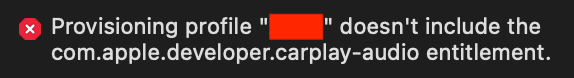 Xcode error message informing about missing entitlement