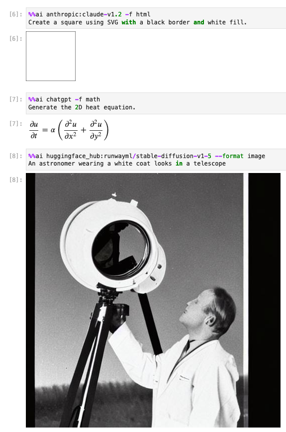 Screenshot of JupyterLab running three %%ai magic commands to output content in HTML, math, and image formats