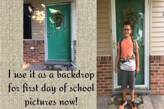 Child with bookbag standing on porch in front of front door. Caption: "I use it as a backdrop for first day of school pictures now!"