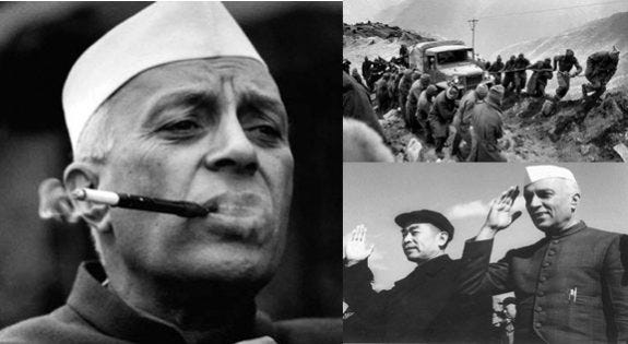 Jawaharlal Nehru from left to right:- Nehru smoking cigar, Nehru between refugees and Nehru saluting Indian Flag