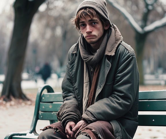 A young homeless man sitting on a park bench in winter