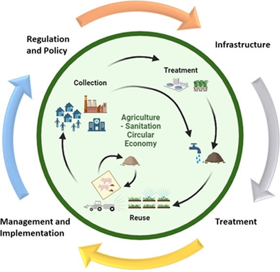 Figure illustrating the agriculture-sanitation circular economy within a circle. Arrows move from Collection, Treatment, Reuse.