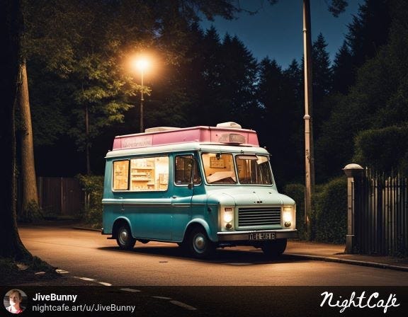 An eerie scene of an ice cream van, lit up, parked on a dark street below a streetlight.