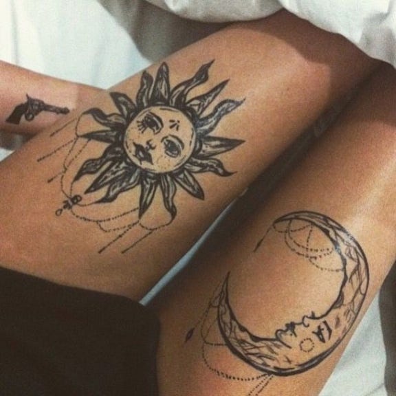 Boho thigh tattoo sun and moon | Tattoos | Boho tattoos, Leg ... - moon and sun thigh tattoobr /
