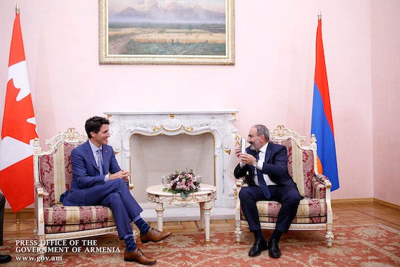 Canada’s PM Justin Trudeau meeting Armenia’s PM Nikol Pashinyan.