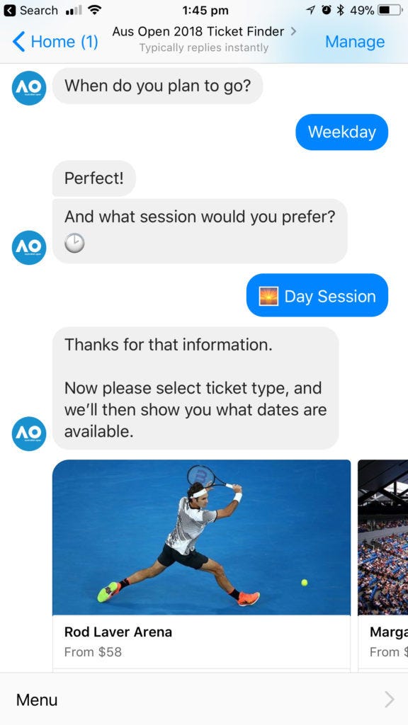Purchase tickets to the Australian Open by talking to their chatbot.