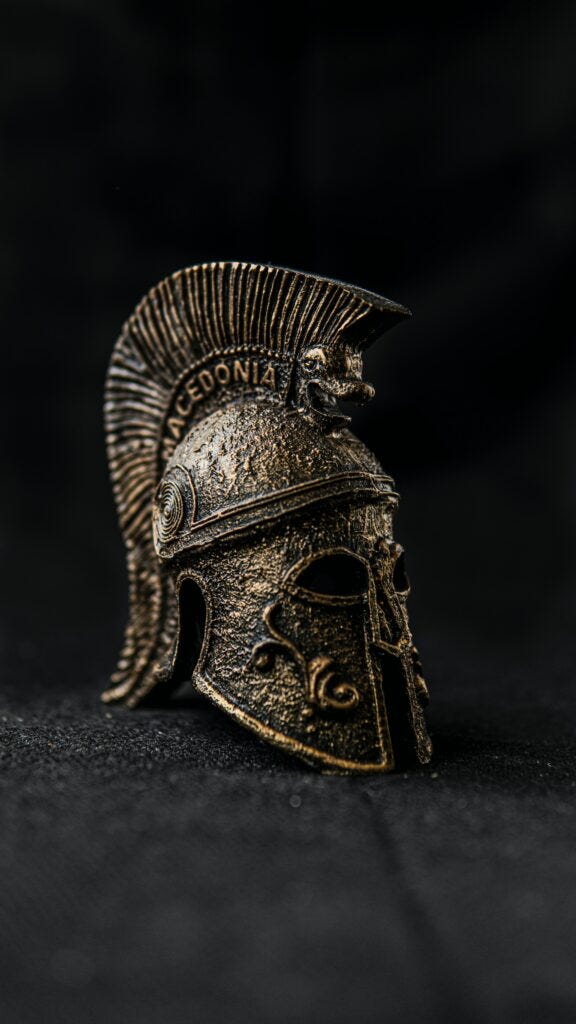 Image of old Spartan helmet with Macedonia on the top. Image courtesy of Tugay Aydin at Pexels