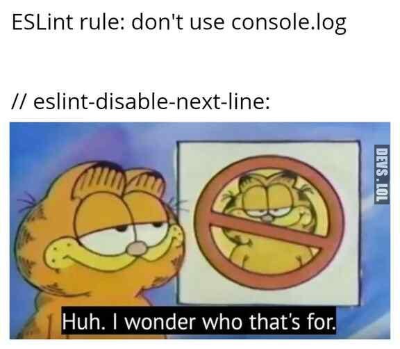Cartoon of Garfield looking at a “no Garfields” sign and thinking “Huh. I wonder who that’s for”. Text above the cartoon reads “ESLint rule: don’t use console.log” and then “// eslint-disable-next-line”