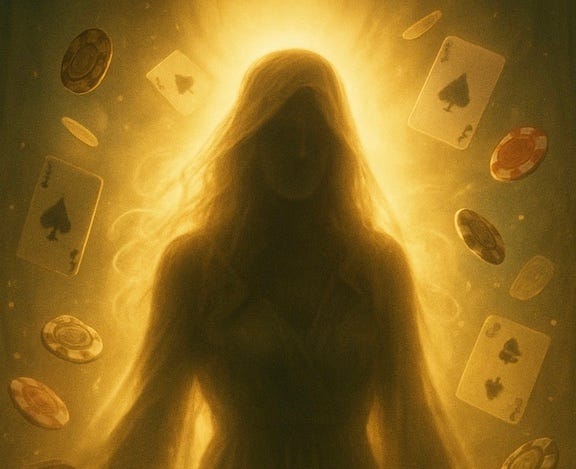 silhouette of woman with cards and gold light