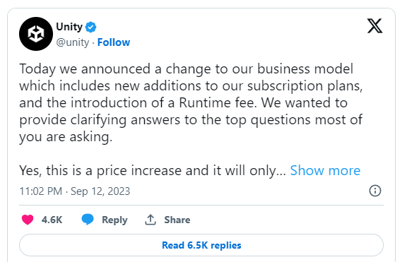 Twitter thread from Unity o there official account about the fee update