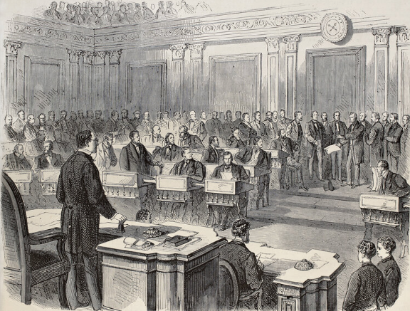 Illustration of Impeachment of President Johnson on the House floor in 1868. photo credit: Journal Universel & Shutterstock