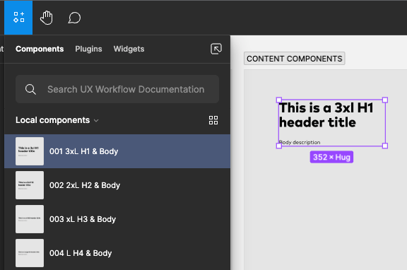 This is a screenshot that shows the creation of a “Content component” section. In the section, the original component “001 3xL H1 & Body” has been placed in the section, and made into a nested component.