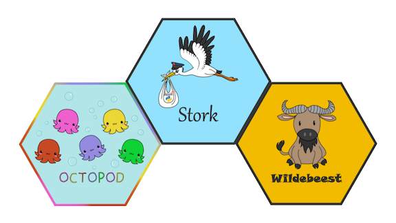 Three hexagons with cartoon animals. The first has five octopuses, the second has a stork, and the third has a wildebeest.