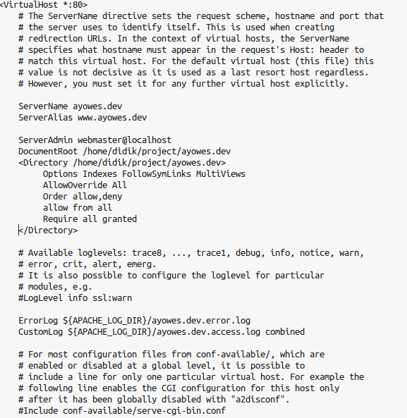 konfigurasi /etc/apache2/sites-available/ayowes.dev.conf