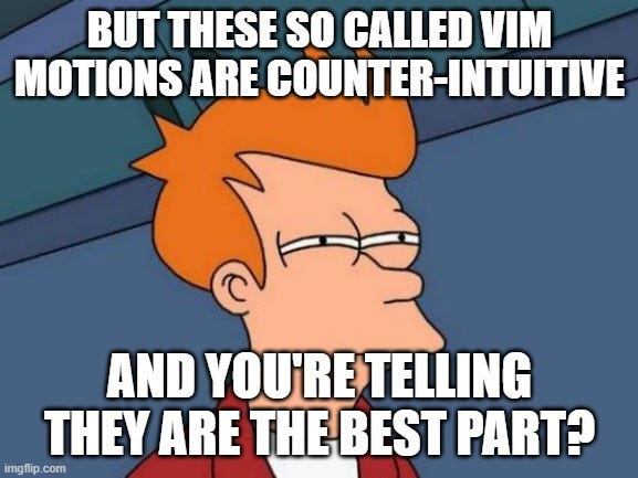 Suspicious Fry from Futurama meme with the sayings “But these so called Vim motions are counter-intuitive” above and “And you’re telling they are the best part?”