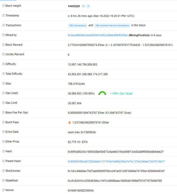 Ethereum Blok Örneği, etherscan