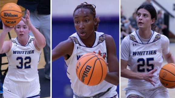 Collection of players in action shots of the Whittier women’s basketball team.