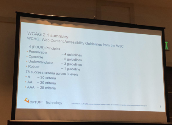 WCAG 2.1 Summary slide photo stating POUR principles and A, AA and AAA criteria