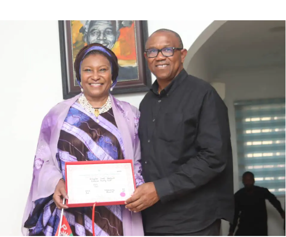Peter Obi, the 2023 Presidential Candidate, under the Labour Party, receiving Ireti Kingigbe, The Senator-Elect representing FCT, under the Labour Party, in the 2023 Nigerian election.