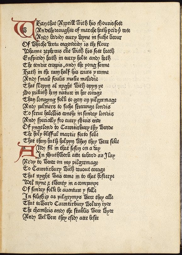 A page of text printed in black ink with a rubricated initial ‘T’ at the top of the page and a rubricated initial ‘A’ around half way down