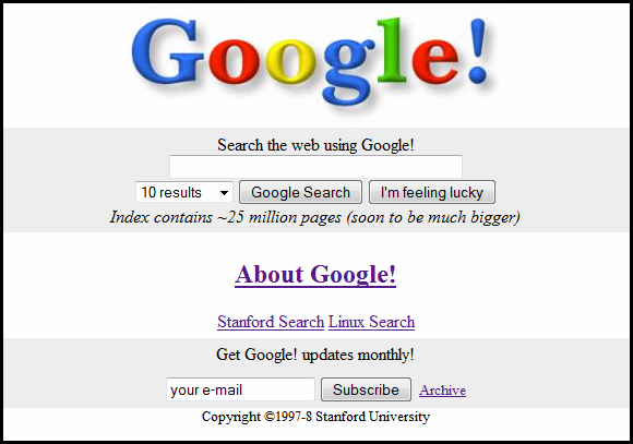 Página inicial do Google em 1998