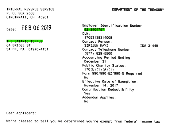 IRS determination letter from Feb/ 6, 2019 for “The Satanic Temple” at 64 bridge St, Salem, MA 01970–4131