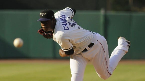 Aroldis Chapman returned to Louisville for the first time since 2011 to make a ML rehab appearance on Tuesday night. (Pat Pfister)