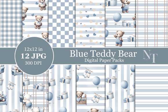 Blue Teddy Bear Baby Boy Digital Paper Graphic Patterns