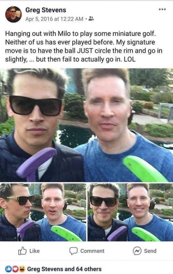 Greg Stevens FB post “hanging out with Milo to play some miniature golf. Neither of us has ever played before”