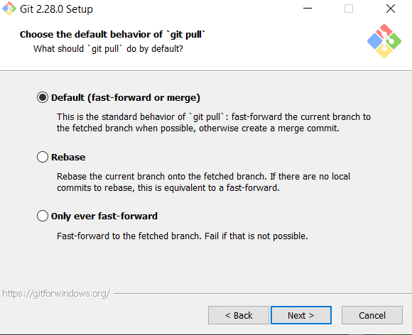 Choose the default behavior of git pull: default is checked.