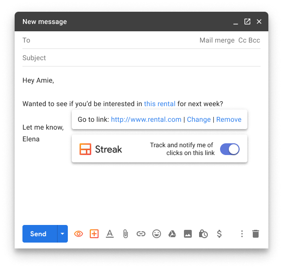 Gmail email compose window showing Streak’s link tracking toggle UI