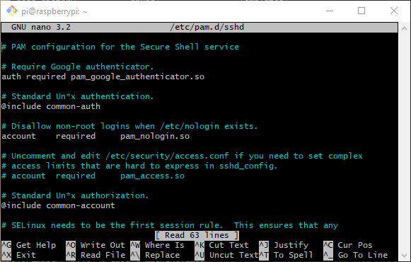 A screenshot of editing the PAM configuration file for SSHD